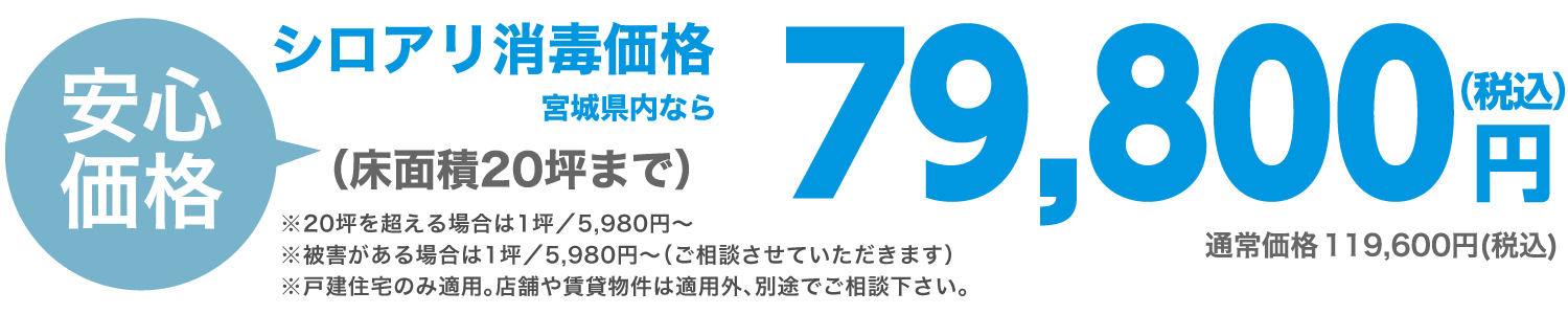 宮城県のシロアリ消毒価格 床面積20坪まで 79,800円(税込)