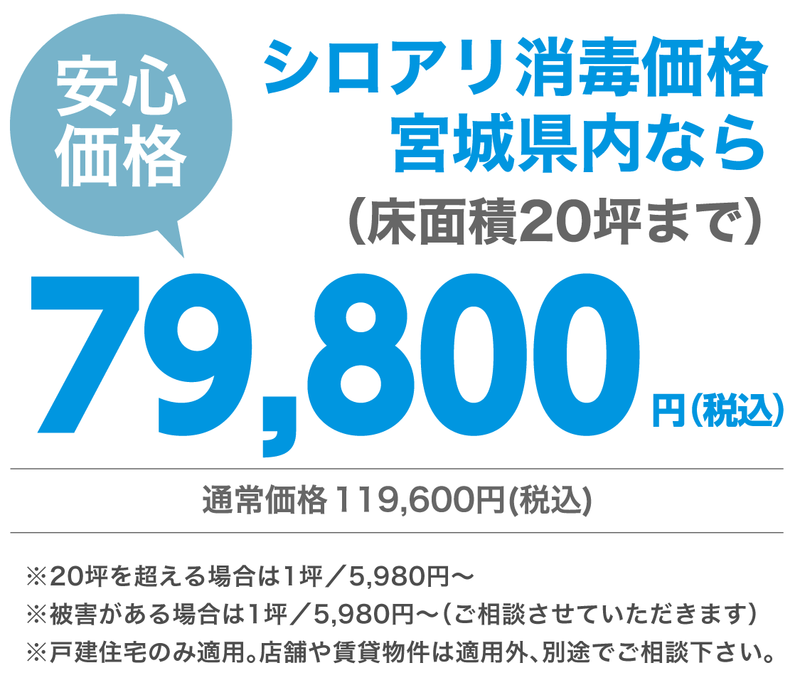 宮城県・山形県のシロアリ消毒価格 床面積20坪まで 79,800円(税込)